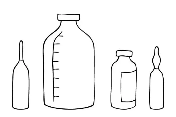 Vector illustration of Ampoules and vials for medicines, injections and droppers, vaccines or antibiotics. hand drawn contour sketch. Black and white.