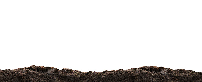 dirt heap, soil pile on white, horizontal dirt, black soil for construction and gardening concept, copy space