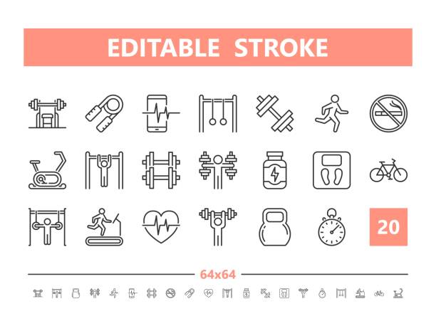 Gym 20 line icons. Vector illustration in line style. Editable Stroke, 64x64, 256x256, Pixel Perfect. Gym 20 line icons. Vector illustration in line style. Editable Stroke, 64x64, 256x256, Pixel Perfect. health club stock illustrations