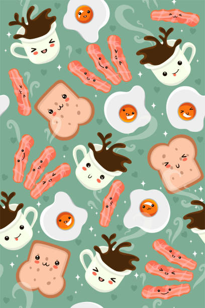 ilustrações de stock, clip art, desenhos animados e ícones de eggs, coffee and bacon seamless pattern. cute breakfast. vector graphics - toast coffee