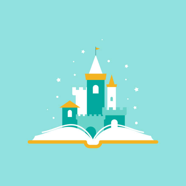 istock Open red book with castle and stars isolated on powder blue background. 1291555305