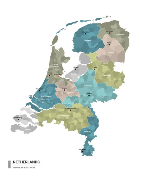 stockillustraties, clipart, cartoons en iconen met nederland higt gedetailleerde kaart met onderverdelingen. administratieve kaart van nederland met districten en stedennaam, gekleurd door staten en administratieve districten. vectorillustratie. - maastricht