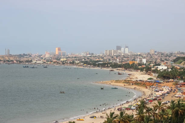 aerial view of downtown luanda, marine coast and beach, marginal and central buildings, in angola - baia de luanda imagens e fotografias de stock