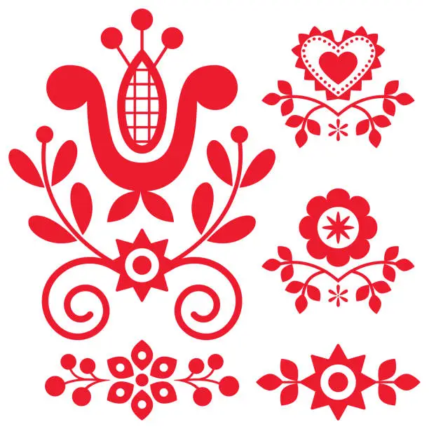 Vector illustration of Floral folk art vector design elements inspired by traditional highlanders embroidery Lachy Sadeckie from Nowy Sacz in Poland