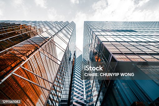istock Looking directly up at the skyline of the financial district 1291561082