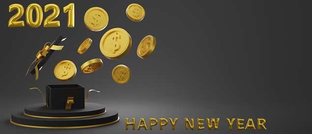 happy new year template with a luxury black gift box tied with golden ribbon decoration with money coins and 2021 happy new year wording with a copy space background, 3D rendering