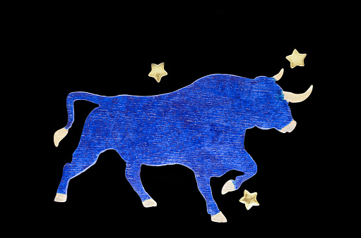 Symbol of 2021, a bull figure painted in blue and stars from a Christmas tree garland isolated on a black background