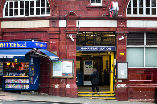 Hampstead, UK - 7 December, 2020: color image depicting the exterior architecture of Hampstead underground railroad station in London, UK.