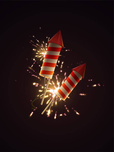 Firework rockets with sparkling fireworks explosions. Firework rockets with sparkling fireworks explosions. Vector 3d illustration of pyrotechnics. Realistic firecrackers with light explosive effect firework explosive material illustrations stock illustrations