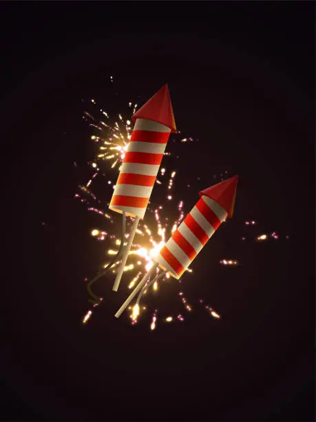 Vector illustration of Firework rockets with sparkling fireworks explosions.