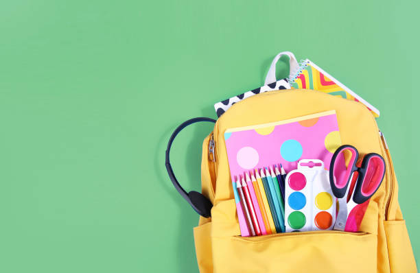 istock Yellow backpack with school supplies on green background empty copy space.Back to school advertisement design.School accessories in napsack. 1291570809