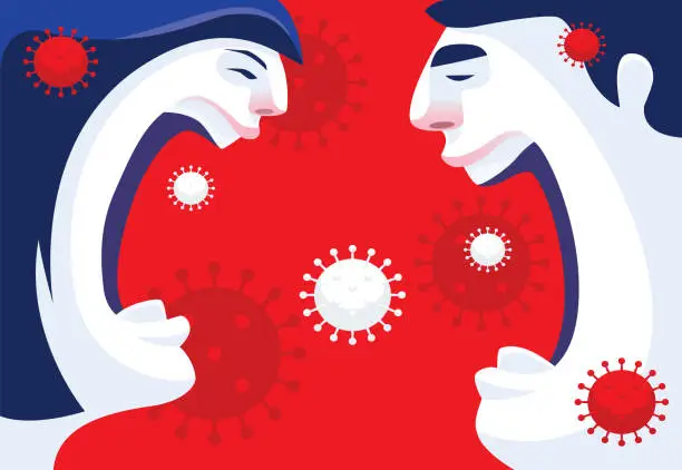 Vector illustration of couple arguing with virus spreading