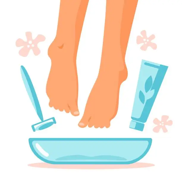 Vector illustration of Footbath in bowl with flower, cream, callus remover tool at home. Legs care concept.