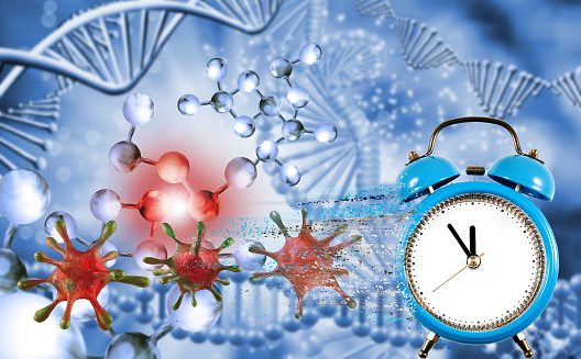 3d- image of stylized viruses sars-ov-2 with an inscription on the background of an abstract image of dna, stylized watches, medical equipment