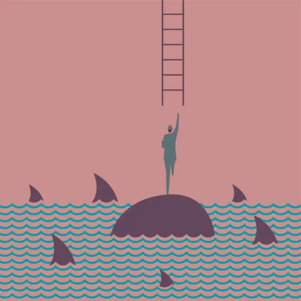 Vector illustration of A businessman was trapped on an isolated island and was besieged by hordes of sharks. The businessman tried to rescue him using a ladder in mid-air.
