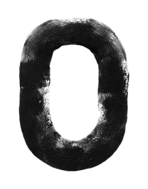 Vector illustration of Number zero - capital letter O hand painted with one rounded line applied with a wide roller and black paint on white paper card - abstract vector illustration with uneven messy trace uneven edges and spongy texture with amazing details