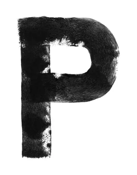 Vector illustration of Big letter P consists of one straight line and one rounded line connected together - abstract vector illustration created by hand black acrylic paint and sponge roller on white coarse-grained paper - doodle with uneven messy irregular imprint details