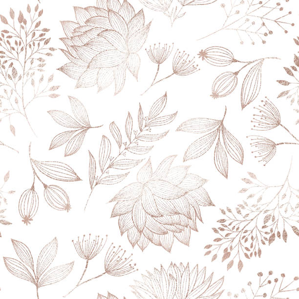 Rose Gold Colored Floral Seamless Pattern with Hand Drawn Leaves, Bloosoms and Branches. Christmas and New Year Greeting Card Background Template, Christmas Present Wrapping Paper. Rose Gold Colored Floral Seamless Pattern with Hand Drawn Leaves, Bloosoms and Branches. Christmas and New Year Greeting Card Background Template, Christmas Present Wrapping Paper.  Rose Gold Foil Vector Design Element for Birthday, New Year, Christmas Card, Wedding Invitation. floral design element stock illustrations