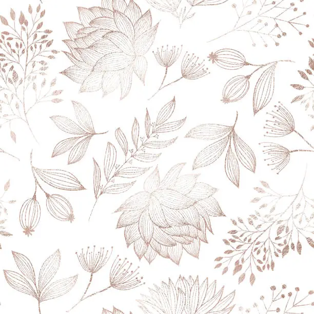 Vector illustration of Rose Gold Colored Floral Seamless Pattern with Hand Drawn Leaves, Bloosoms and Branches. Christmas and New Year Greeting Card Background Template, Christmas Present Wrapping Paper.