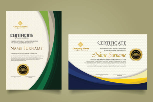 Set modern certificate template with futuristic and elegant color wave shape on the ornament and modern pattern background. Set modern certificate template with futuristic and elegant color wave shape on the ornament and modern pattern background. size A4. vector illustrations banking borders stock illustrations