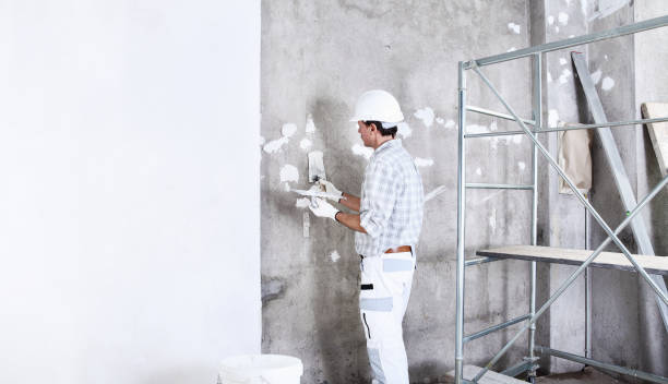 istock plasterer man at work with trowel plastering the wall of interior construction site wear helmet and protective gloves, scaffolding on background and copy space on white wall 1291578418
