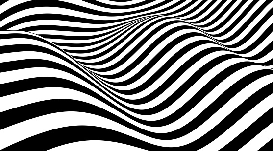 Abstract striped background. Vector illustration of 3d optical illusion. Monochrome wavy pattern. Distorted geometry. Dynamic texture for cover design