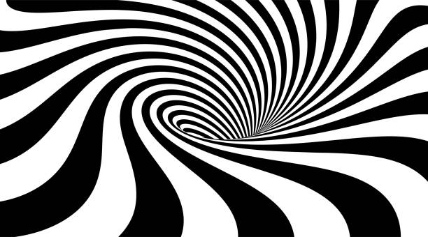 Abstract striped background. Abstract striped background. Whirlpool or vortex shape. Vector illustration of 3d optical illusion. Monochrome wavy pattern. Distorted geometry. Dynamic texture for cover design spiral stock illustrations