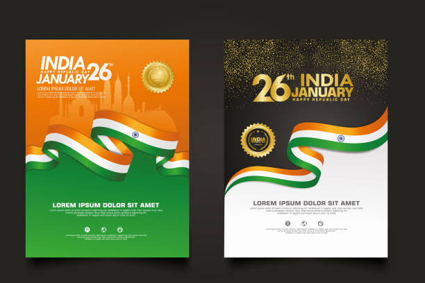 set poster India happy Republic Day background template set poster India happy Republic Day background template with elegant ribbon-shaped flag, gold circle ribbon and silhouette india city. vector illustrations government silhouettes stock illustrations