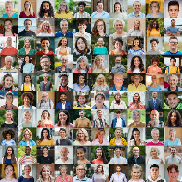 collage de 100 caras únicas - alegre fotos fotografías e imágenes de stock