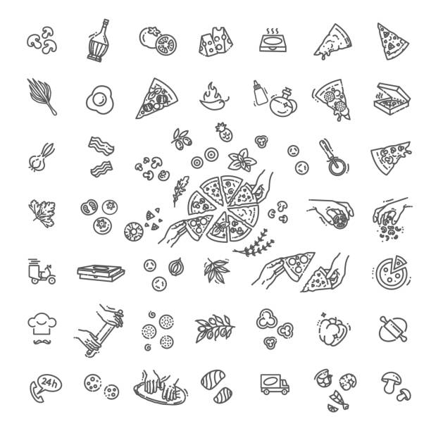 illustrations, cliparts, dessins animés et icônes de ensemble italien traditionnel d’icônes de contour de vecteur de pizza - pizzeria