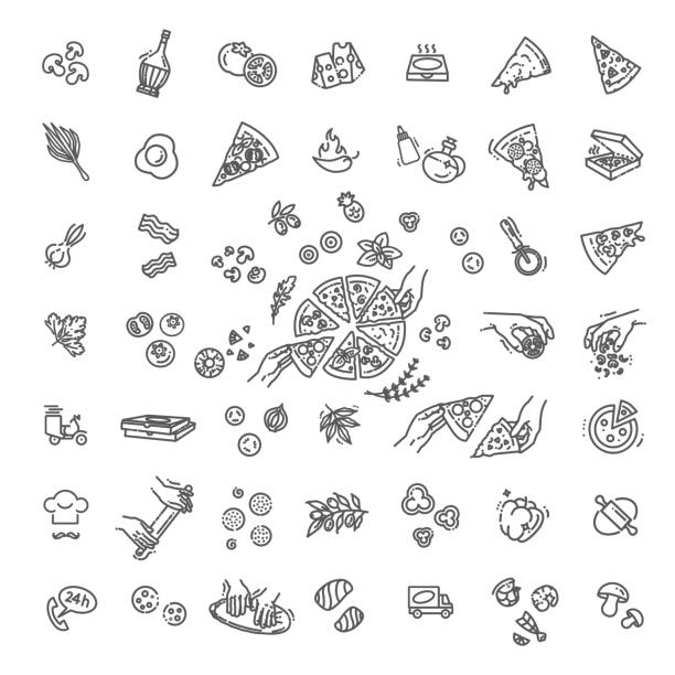 Italian traditional pizza vector outline icons set vector outline pizza icon set pizza symbols stock illustrations
