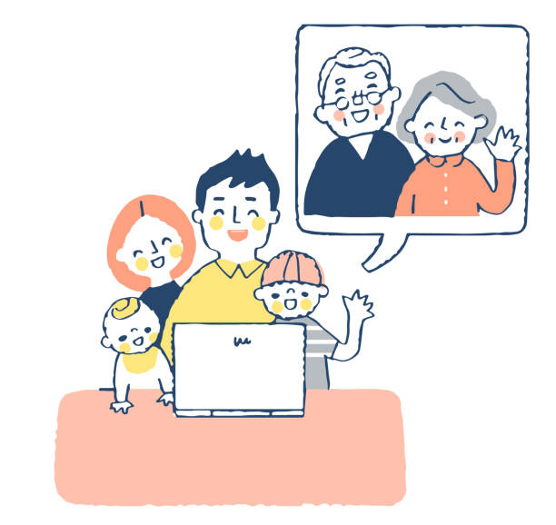 Online homecoming with a laptop People, family, parents and children, online, homecoming asian young family at home stock illustrations
