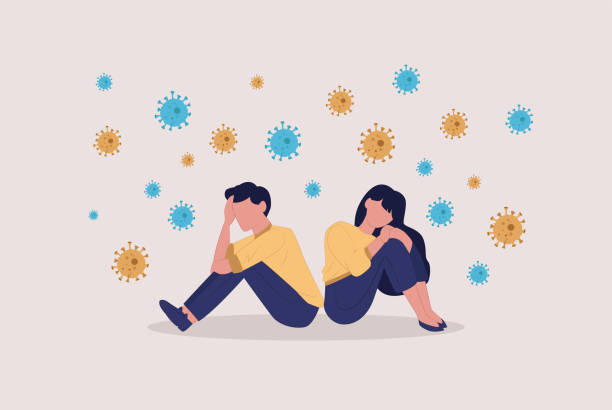 вектор печальной депрессии пара мужчина и женщина, сидя спиной к спине во время пандемии covid-19 - вспышка иллюстрации stock illustrations