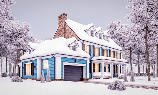 3d rendering of modern cozy classic house in colonial style with garage and pool for sale or rent with beautiful landscaping on background. Cool winter evening with cozy light from windows.