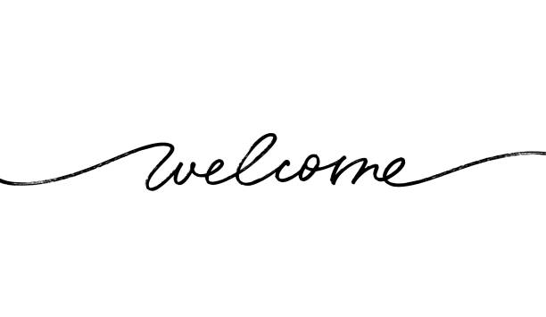 willkommen handgezeichnete linie kalligraphie. - welcome schild stock-grafiken, -clipart, -cartoons und -symbole