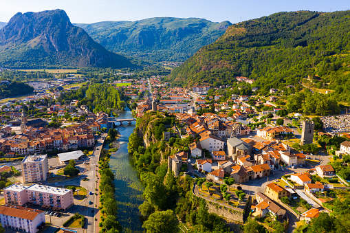 Aerial view of old stone houses and streets of Tarascon-sur-Ariege, France