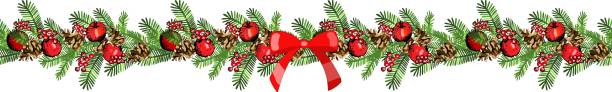 istock Vector festive garland with holly, cones and apples isolated on white background. 1291598742