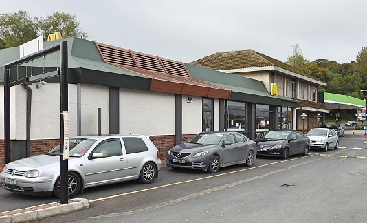 10th October 2020, Drogheda, County Louth, Ireland. Cars queuing at the McDonalds drive through restaurant in The Waterfront, Rathmullan Rd, Drogheda town during the covid 19 lockdown restrictions.