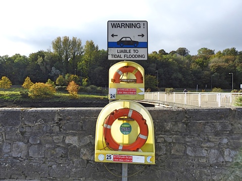 10th October 2020, Drogheda, County Louth, Ireland. Lifebuoys beside the River Boyne in Drogheda town centre.