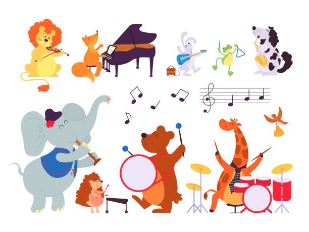 zwierzęta muzyczne. muzyk gra na instrumentach, mieszkańcy lasu z saksofonem tamburynowym bębnem skrzypcowym. kreskówkowy króliczek lisów godnej postaci wektorowych - drum & bass stock illustrations
