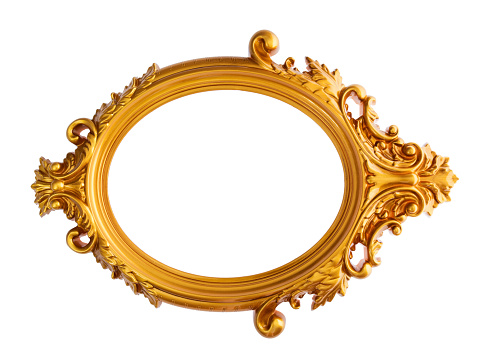 Golden picture frame on white background.