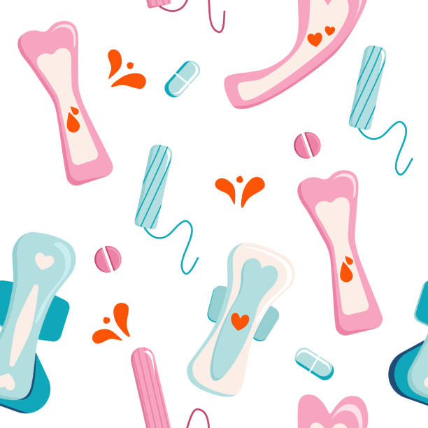ilustrações de stock, clip art, desenhos animados e ícones de seamless pattern with sanitary pads and tampons.menses,periods or menstruation.print with female hygiene products.pills and medical capsules. vector in flat style. - menstruation tampon gynecological examination sex