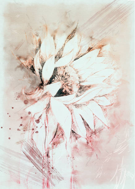 istock Sunflower sketch on grunge ink graphic monochrome background. 1291600330