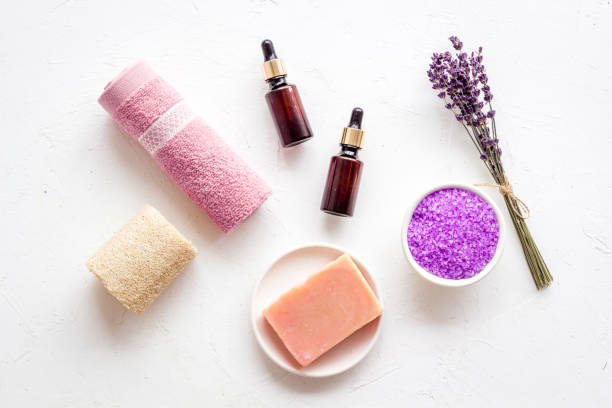 istock Set of organic spa cosmetics with lavender herbs 1291601243