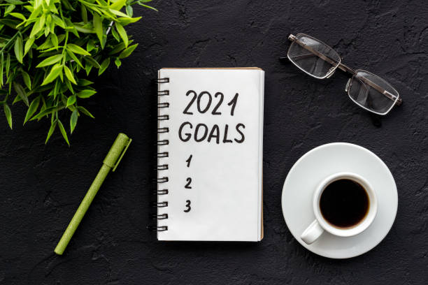 istock Inspiration concept - New Years goals written in notebook on a table, flat lay 1291604928