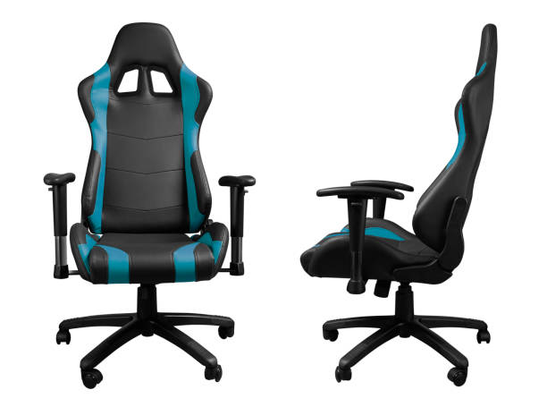 Front and side view of black and blue leather racing car design gaming chair isolated on white background Front and side view of black and blue leather racing car design gaming chair isolated on white gaming chair photos stock pictures, royalty-free photos & images