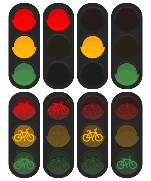 Vector illustration of traffic light sign for cyclists with glowing red, yellow and green lights. Vector illustration