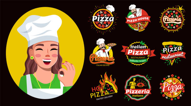 Set of pizza hand written lettering logo, label, badge. Emblem for fast food restaurant, pizzeria Set of pizza hand written lettering logo, label, badge and a cute smiling girl in a cap portrait vector illustration. Emblem for fast food restaurant, italian pizzeria, cafe on black background pizza symbols stock illustrations