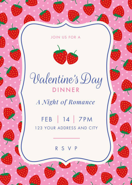 valentinstag abendessen einladung mit erdbeeren. - invitation elegance dinner backgrounds stock-grafiken, -clipart, -cartoons und -symbole