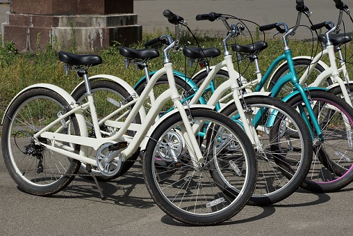 a row of white and blue bicycles parked in the street on gray asphalt